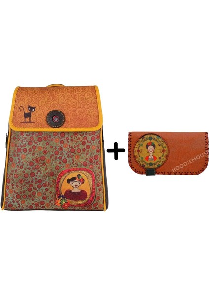 Frida Figürlü Kapaklı Sırt Çantası Etnik Bohem Style Cüzdan Kombin Kahve