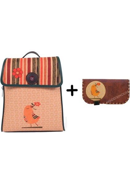 Kus Figürlü Kapaklı Sırt Çantası Etnik Bohem Style Cüzdan Kombin Kahverengi