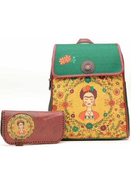 Klasik Frida Figürlü Kapaklı Sırt Çantası Etnik Bohem Style Cüzdan Kombin Çanta Yeşil Cüzdan Bordo