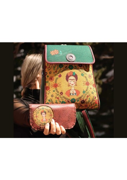 Klasik Frida Figürlü Kapaklı Sırt Çantası Etnik Bohem Style Cüzdan Kombin Çanta Yeşil Cüzdan Bordo modelleri