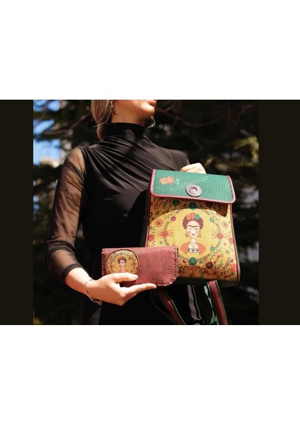 Klasik Frida Figürlü Kapaklı Sırt Çantası Etnik Bohem Style Cüzdan Kombin Çanta Yeşil Cüzdan Bordo fırsatları