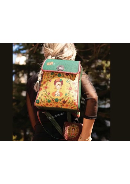 Klasik Frida Figürlü Kapaklı Sırt Çantası Etnik Bohem Style Cüzdan Kombin Çanta Yeşil Cüzdan Bordo indirimleri