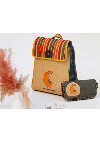 Kuş Figürlü Kapaklı Sırt Çantası Yesil, Cüzdan Yesil Etnik Bohem Style Cüzdan Kombin
