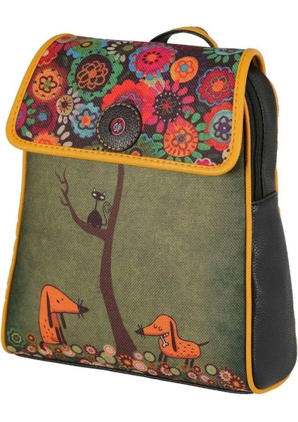 Köpek Figürlü Kapaklı Sırt Çantası Etnik Bohem Style - Siyah