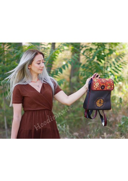 Cadı Figürlü Kapaklı Sırt Çantası Etnik Bohem Style Cüzdan Kombin Bordo