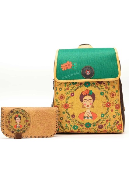 Klasik Frida Figürlü Kapaklı Sırt Çantası Etnik Bohem Style Cüzdan Kombin Çanta Kahve Cüzdan Hardal