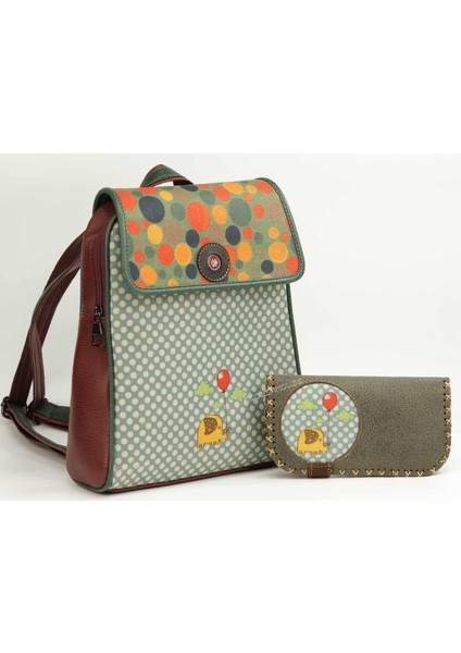 Fil Figürlü Kapaklı Sırt Çantası Etnik Bohem Style Cüzdan Kombin Çanta Bordo Cüzdan Yeşil