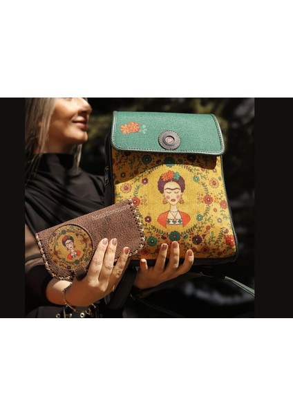 Klasik Frida Figürlü Kapaklı Sırt Çantası Etnik Bohem Style Cüzdan Kombin Çanta Siyah Cüzdan Kahve