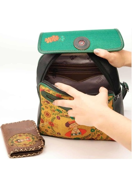Klasik Frida Figürlü Kapaklı Sırt Çantası Etnik Bohem Style Cüzdan Kombin Çanta Siyah Cüzdan Kahve
