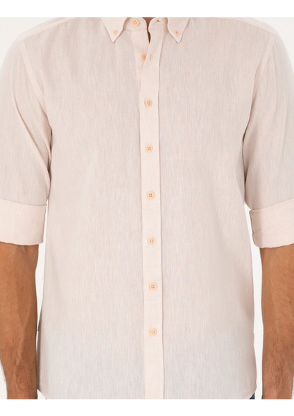 Erkek Pudra Keten Karışımlı Regular Fit Uzun Kollu Gömlek 50284168-VR042