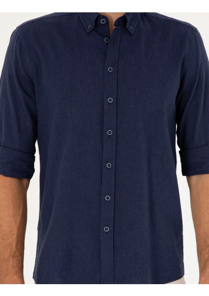 Erkek Koyu Lacivert Keten Karışımlı Regular Fit Uzun Kollu Gömlek 50284168-VR100