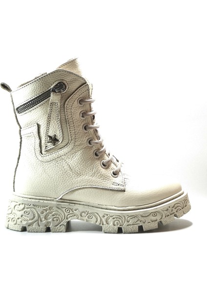 R.301 Deri Bej Kürklü Fermuarlı Kız Çocuk Postal Bot