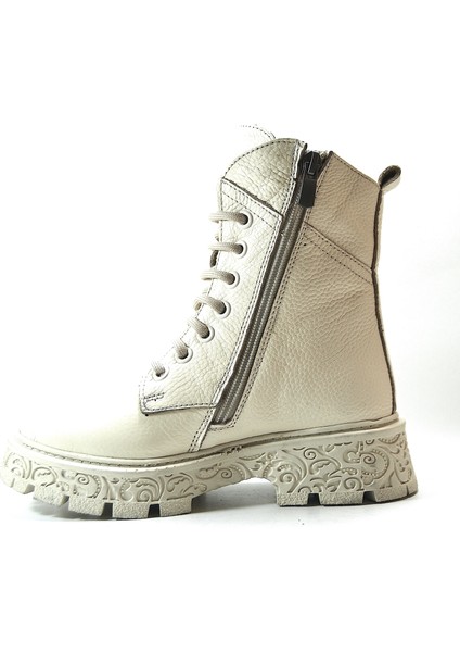 R.301 Deri Bej Kürklü Fermuarlı Kız Çocuk Postal Bot modelleri