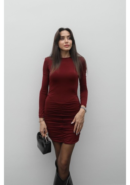 Bordo Eliza Drapeli Vatkalı Elbise