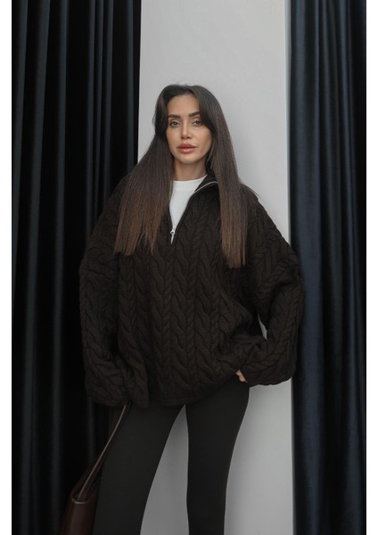 Kahverengi Yakası Fermuarlı Saç Örgü Kazak fiyatları