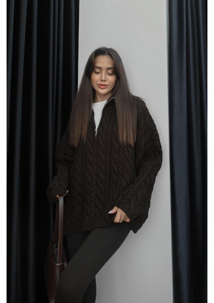 Kahverengi Yakası Fermuarlı Saç Örgü Kazak fırsatları