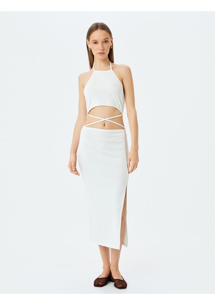 Halter Yaka Pencere Detaylı Kolsuz Midi Elbise