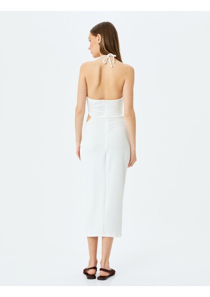 Halter Yaka Pencere Detaylı Kolsuz Midi Elbise