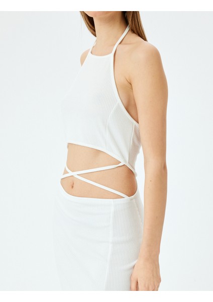 Halter Yaka Pencere Detaylı Kolsuz Midi Elbise