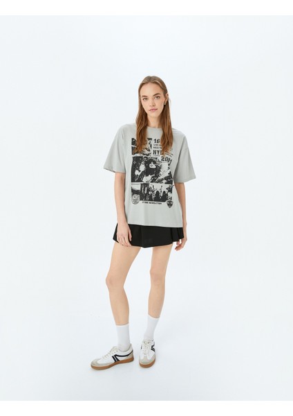 Slogan Baskılı Bisiklet Yaka Kısa Kollu Oversize Tişört