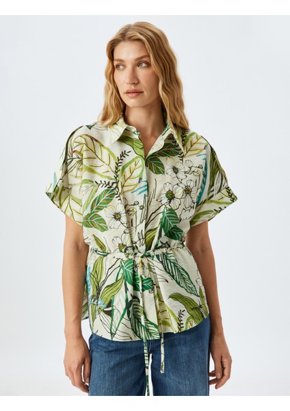 Floral Desenli Beli Bağlama Detaylı Viskon Kısa Kollu Oversize Gömlek modelleri