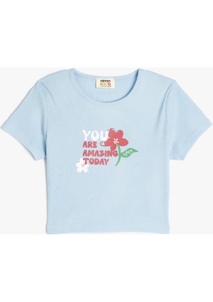 Çiçek Baskılı Kısa Kollu Bisiklet Yaka Pamuklu Tişört