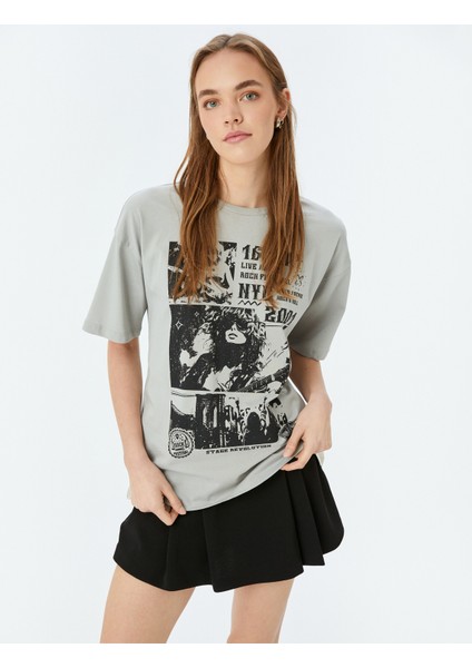 Slogan Baskılı Bisiklet Yaka Kısa Kollu Oversize Tişört