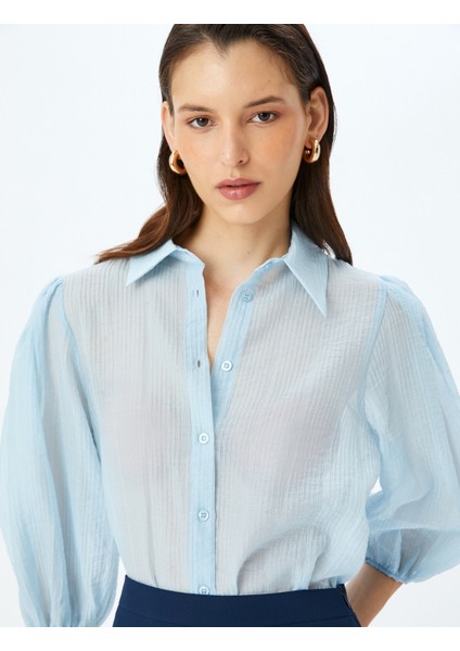 Dokulu 3/4 Balon Kollu Yarı Transparan Gömlek