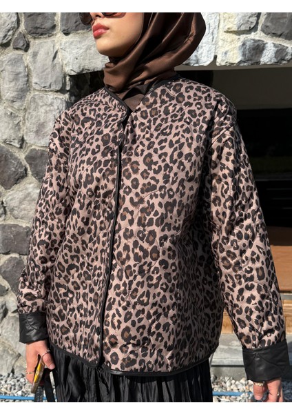 Çift Yönlü Oversize Kapitone Leopar Ceket Leopar