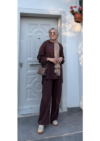 Kapüşonlu Bol Paça Alt Üst Eşofman Takım Mürdüm