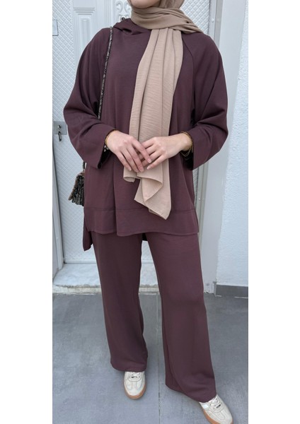 Kapüşonlu Bol Paça Alt Üst Eşofman Takım Mürdüm modelleri