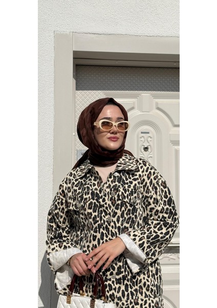 Leopar Desenli Düğmeli Oversize Kot Ceket Leopar