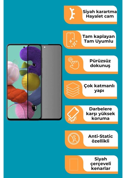 Samsung Galaxy A54 Uyumlu Tam Kaplayan Hayalet Cam Siyah Karartma Ekran Koruyucu Cam Anti-Static Özellikli Siyah Çerçeveli fiyatları