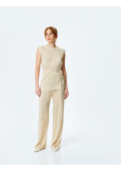 Beli Bağlamalı Yüksek Bel Parlak Piliseli Palazzo Pantolon