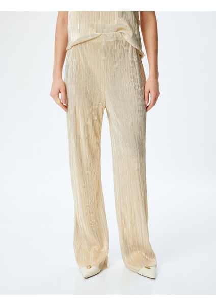 Beli Bağlamalı Yüksek Bel Parlak Piliseli Palazzo Pantolon modelleri