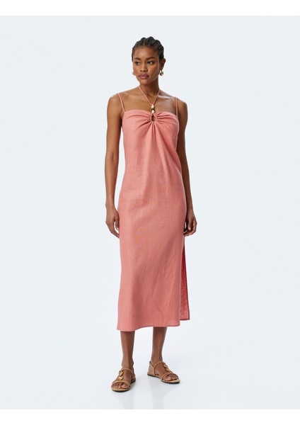 Büzgü Detaylı Boncuklu Ince Askılı Uzun Keten Elbise fiyatları