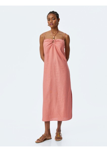 Büzgü Detaylı Boncuklu Ince Askılı Uzun Keten Elbise modelleri