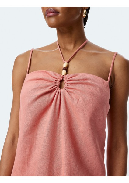 Büzgü Detaylı Boncuklu Ince Askılı Uzun Keten Elbise indirimleri