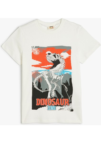 Tişört Dinozor Baskı Detaylı Kısa Kollu Bisiklet Yaka Pamuklu