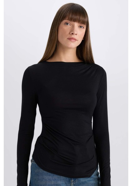 Slim Fit Dar Kesim Bisiklet Yaka Basic Düz Soft Touch Uzun Kollu Tişört E5884AX25SP