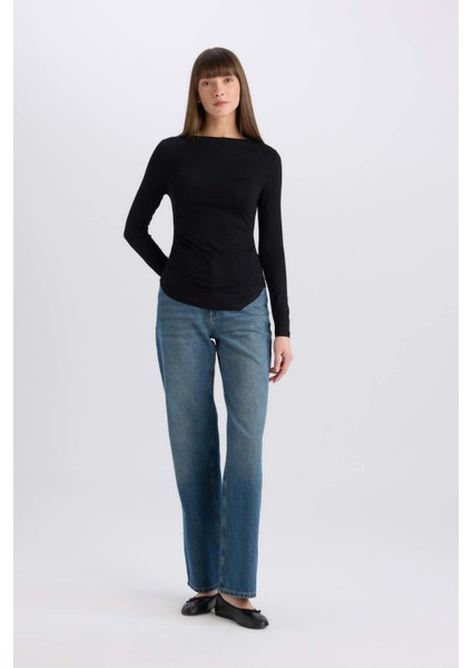 Slim Fit Dar Kesim Bisiklet Yaka Basic Düz Soft Touch Uzun Kollu Tişört E5884AX25SP