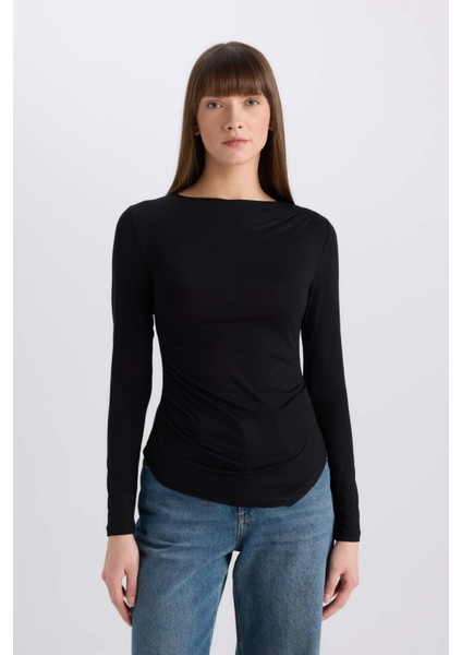 Slim Fit Dar Kesim Bisiklet Yaka Basic Düz Soft Touch Uzun Kollu Tişört E5884AX25SP