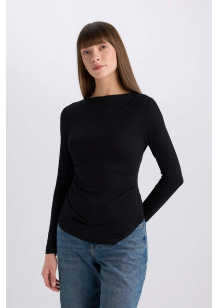 Slim Fit Dar Kesim Bisiklet Yaka Basic Düz Soft Touch Uzun Kollu Tişört E5884AX25SP