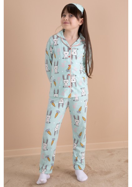 Yeşil Tavşan Baskılı Kız Çocuk Pijama Takımı 20124