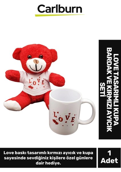 Özel Tasarım Sevgiliye Arkadaşa Hediye Sevgi Aşk Love Tasarımlı Kupa Bardak Kırmızı Ayıcık Seti