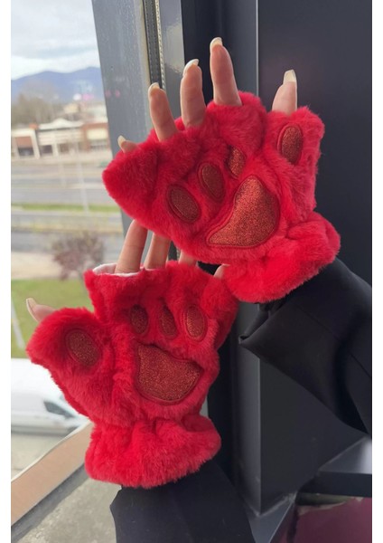 Parmaksız Patili Simli Kırmızı Peluş Eldiven