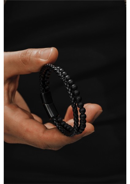 Oniks Doğaltaş Örgü Erkek Deri Bileklik