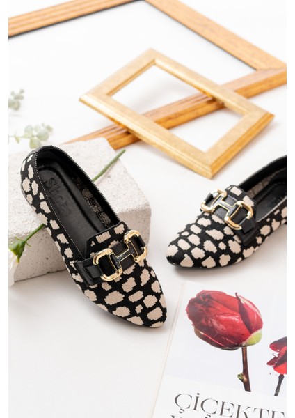 Bonna Siyah Bej Toka Detaylı ( 1 cm Topuklu ) Sivri Burun Babet fırsatları