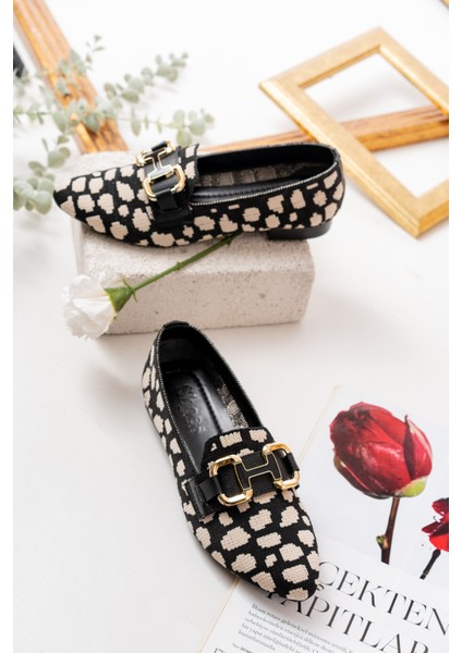 Bonna Siyah Bej Toka Detaylı ( 1 cm Topuklu ) Sivri Burun Babet indirimleri