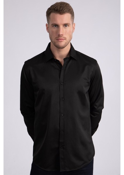 Modern Slim Fit Düz Saten Erkek Gömlek